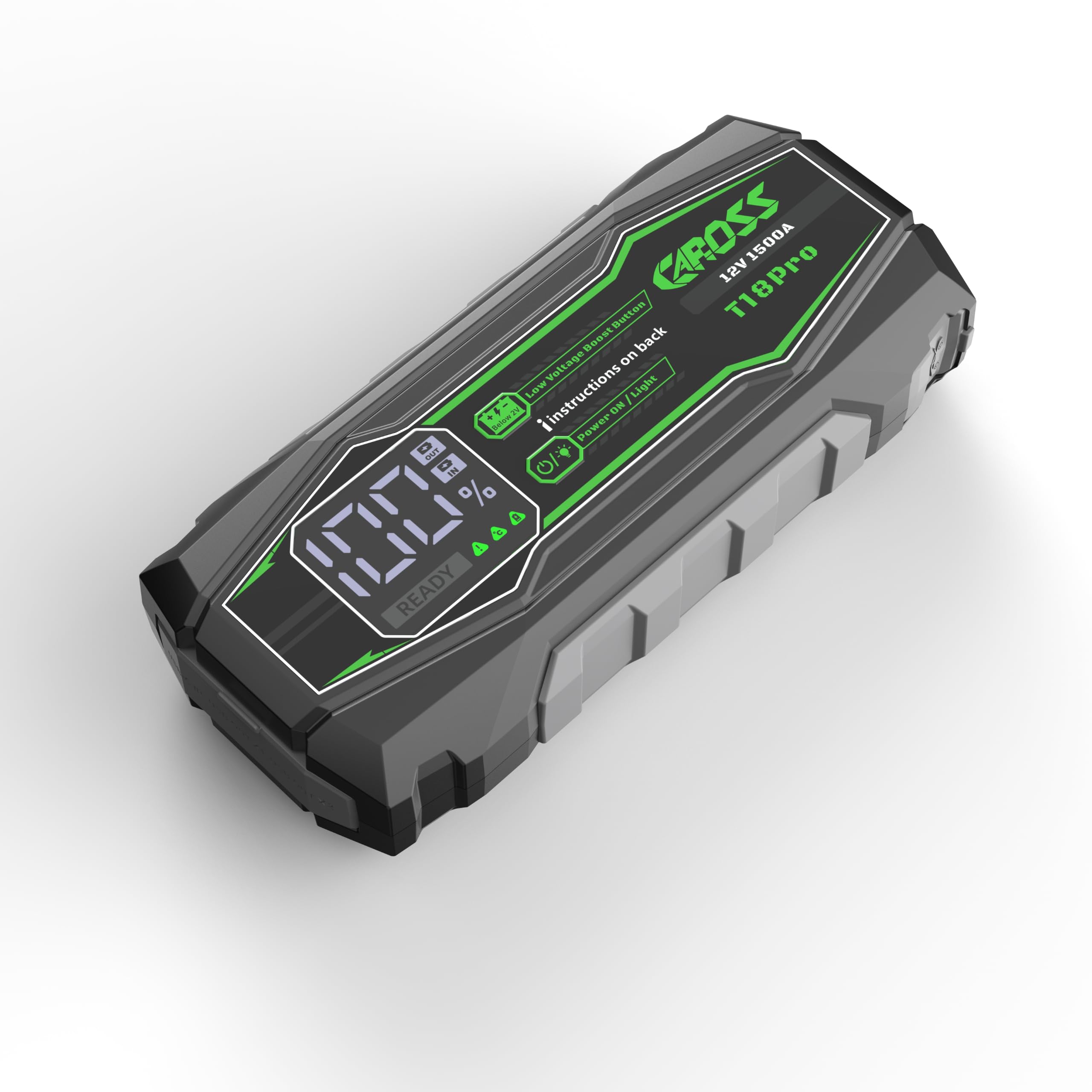 Caross T18 Pro Jump Starter 1500A 16000mAh 12V Portátil | Función Boost para Baterías de Bajo Voltaje, Protección contra Polaridad Inversa, 3 Modos de Luz, Carga Rápida 18W