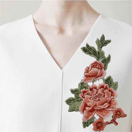 Miniatura 2 de 2 piezas de parche de flores de peonía naranja, parche floral bordado para ropa de bricolaje, jeans, manualidades de costura..