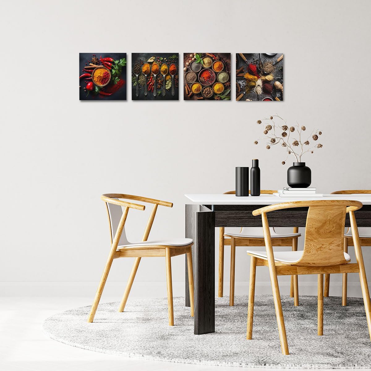 4 Pcs Kitchen Canvas Wall Art Framed Modern Spices and Seasonings Spoons Art Posters Retro Colorful Spice Pictures Wall Decor Canvas Decoration Artwork for Walls Home Dining room Deco