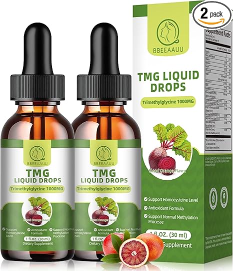 (2 Pack) TMG (Trimethylglycine) Supplement Liquid Drops, 1000MG High Absorption, Boosts Energy, Supports Methylation, Liver wellness & Cognitive Function - Non-GMO, Vegan, Blood Orange Flavor, 1 Fl.Oz