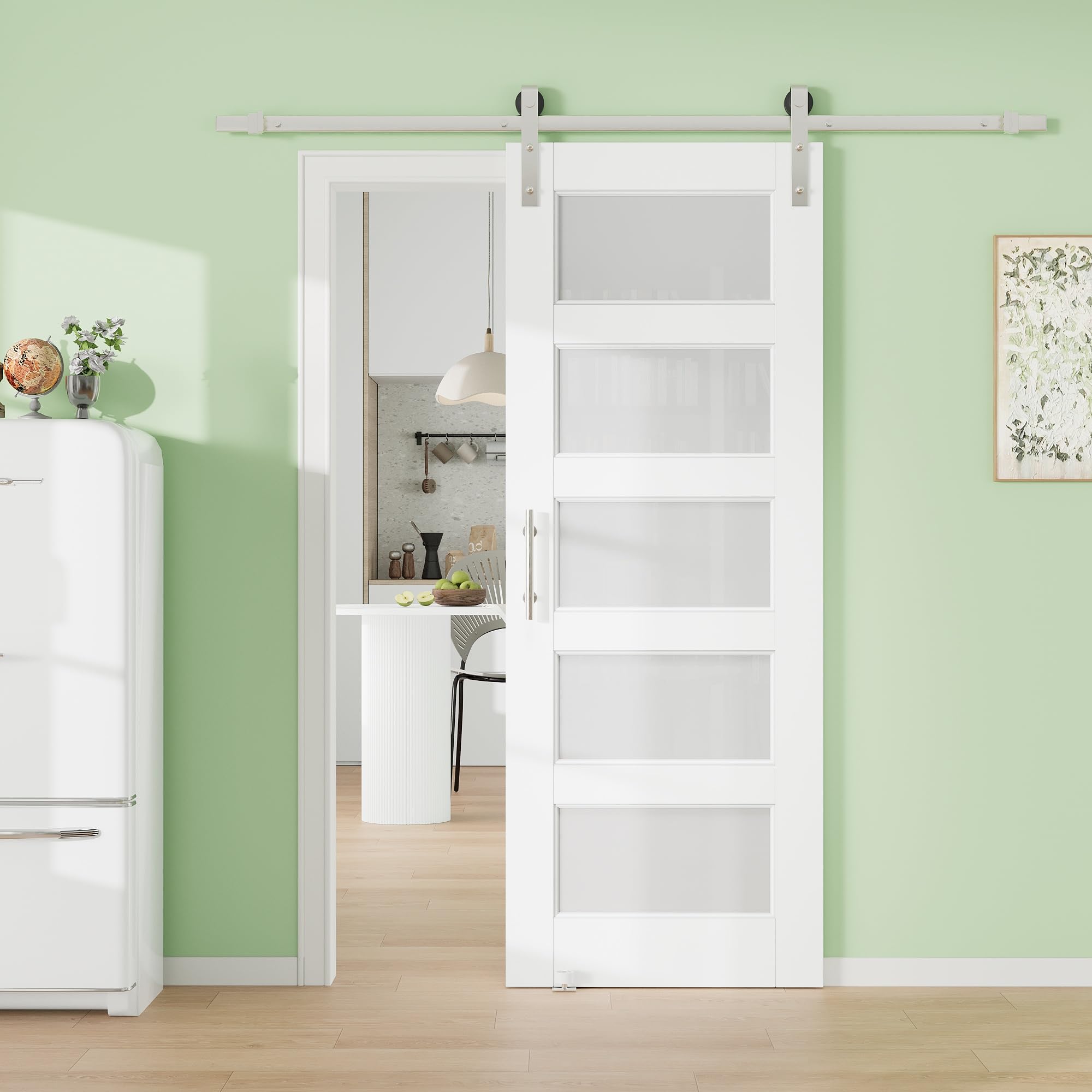36in x 80in 5-Lite Tempered Frosted Glass Barn Door with 72" Track Kit