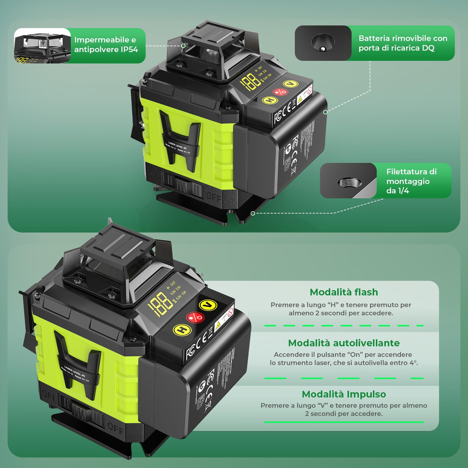 Livella Laser Autolivellante 16 Linee con Treppiede, 4 X 360 °Livello Laser Autolivellante Verde, 2 x Batterie, Autolivellante, Supporto rotante, Telecomando