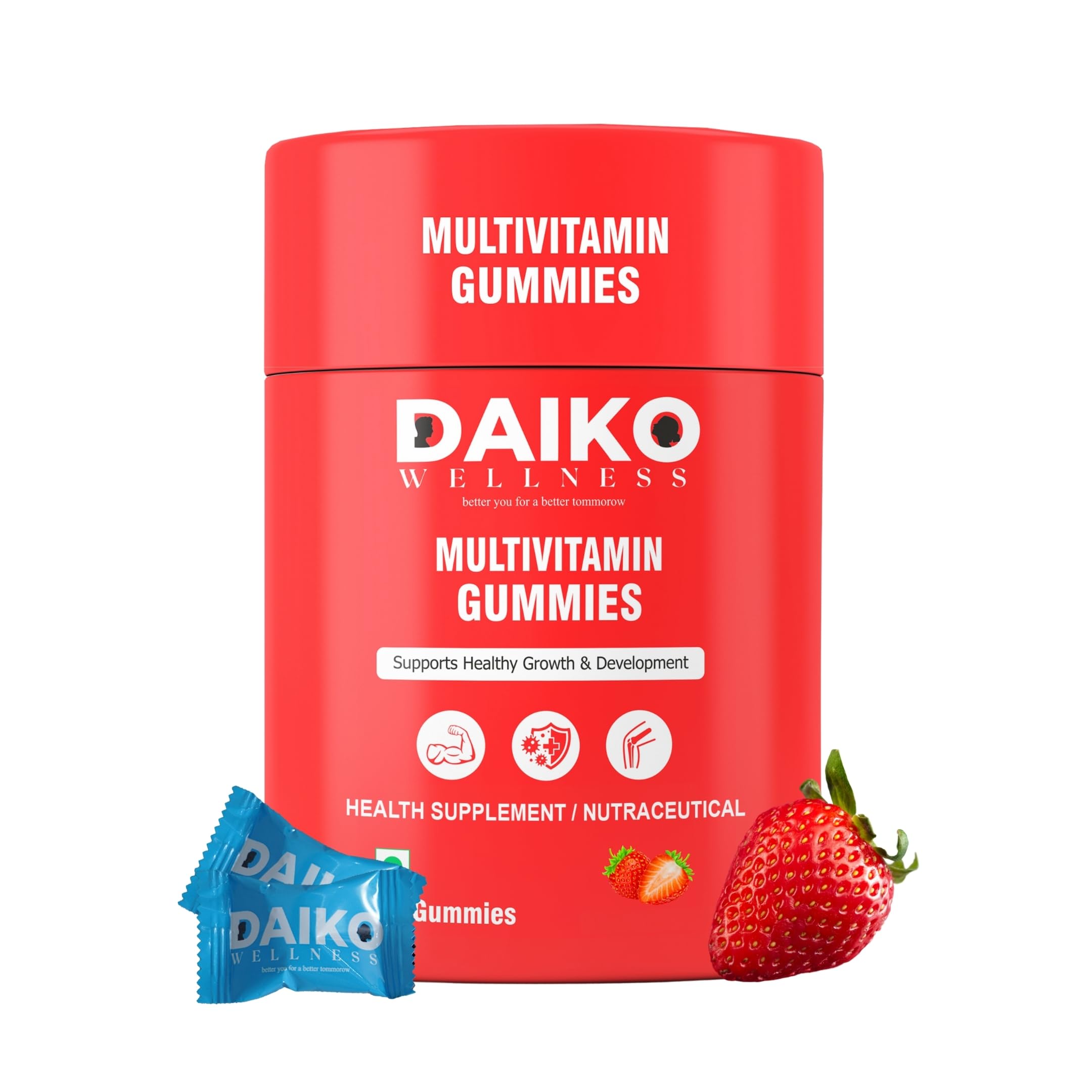 Daiko Multivitamin & DHA Gummies with Vitamin C, D3, B12, Biotin, Zinc & Probiotics – Supports Energy, Immunity, Cognitive Function, Gut & Skin Health – 30 Strawberry Gummies – No Preservatives