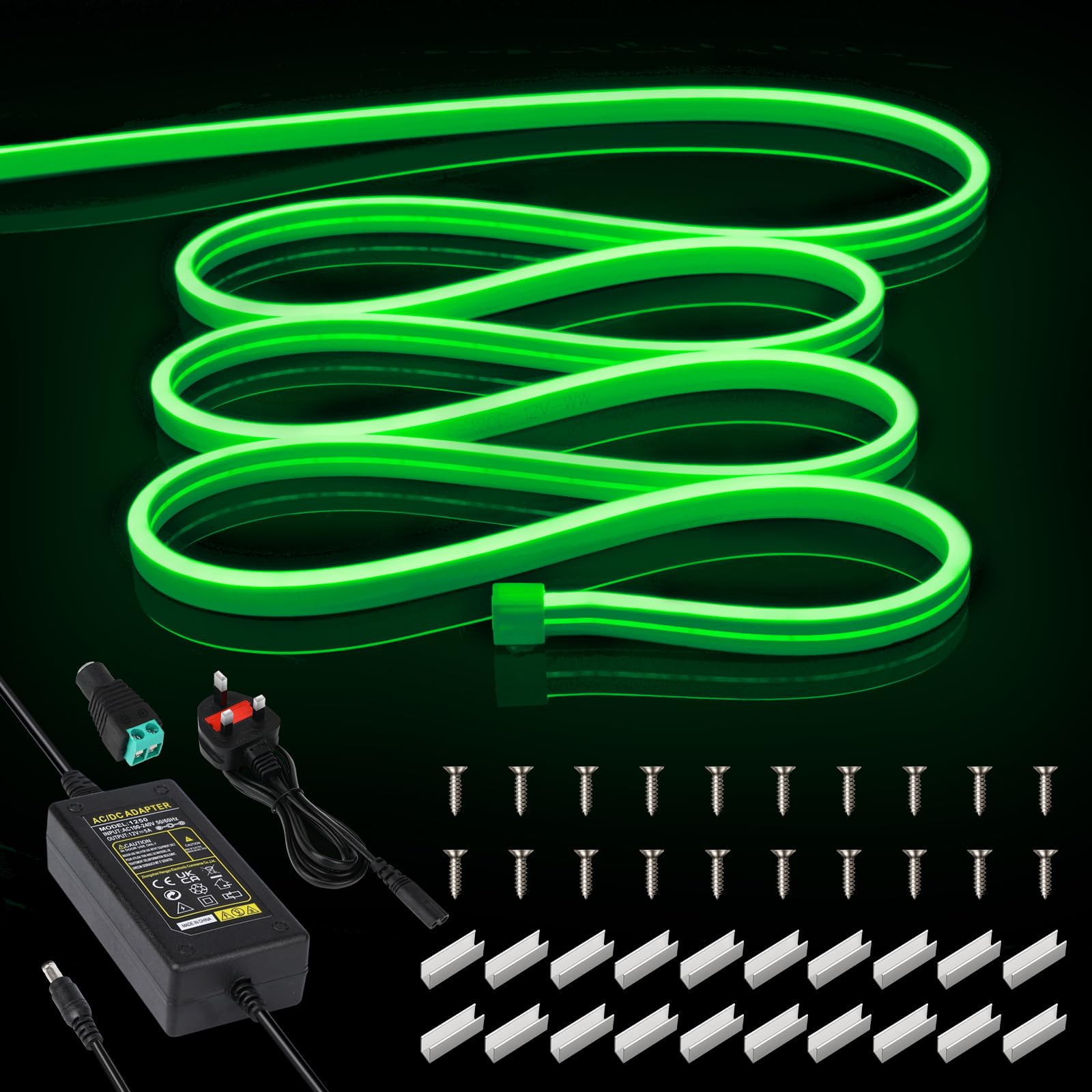 VILHTL Neon LED Strip Light, 12V 5m Green LED Lights Strip, 3000K Waterproof Outdoor Silicone Flexible LED Strips for Bedroom Kitchen Indoor Decor with Adapter — image 1