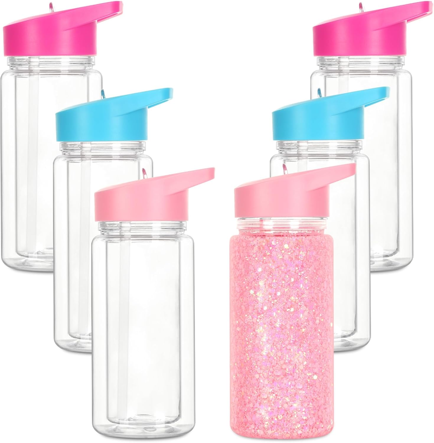 6 Pack 10 Oz Plastic Snow Globe Tumbler for Kids with Pre-Drilled Hole and Plug, Leak Proof Double Wall Snow Globe Sports Water Bottles with Portable Handle for Glitter DIY Gift, Mixed Color
