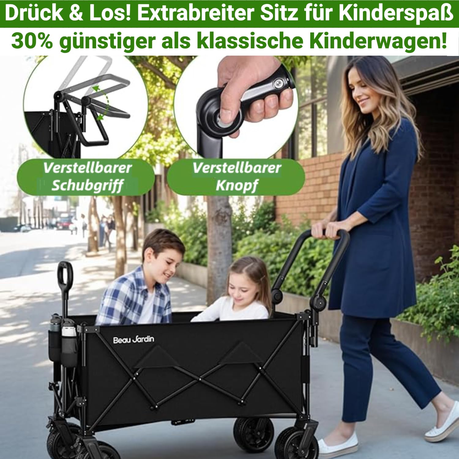 BEAU JARDIN Bollerwagen 200 KG Handwagen mit Einziehbarem Transportkarre Gerätewagen Griff Faltbarer Transporter mit Schwenkbaren Vorderrädern für Strand Garten Einkaufen Schwarz