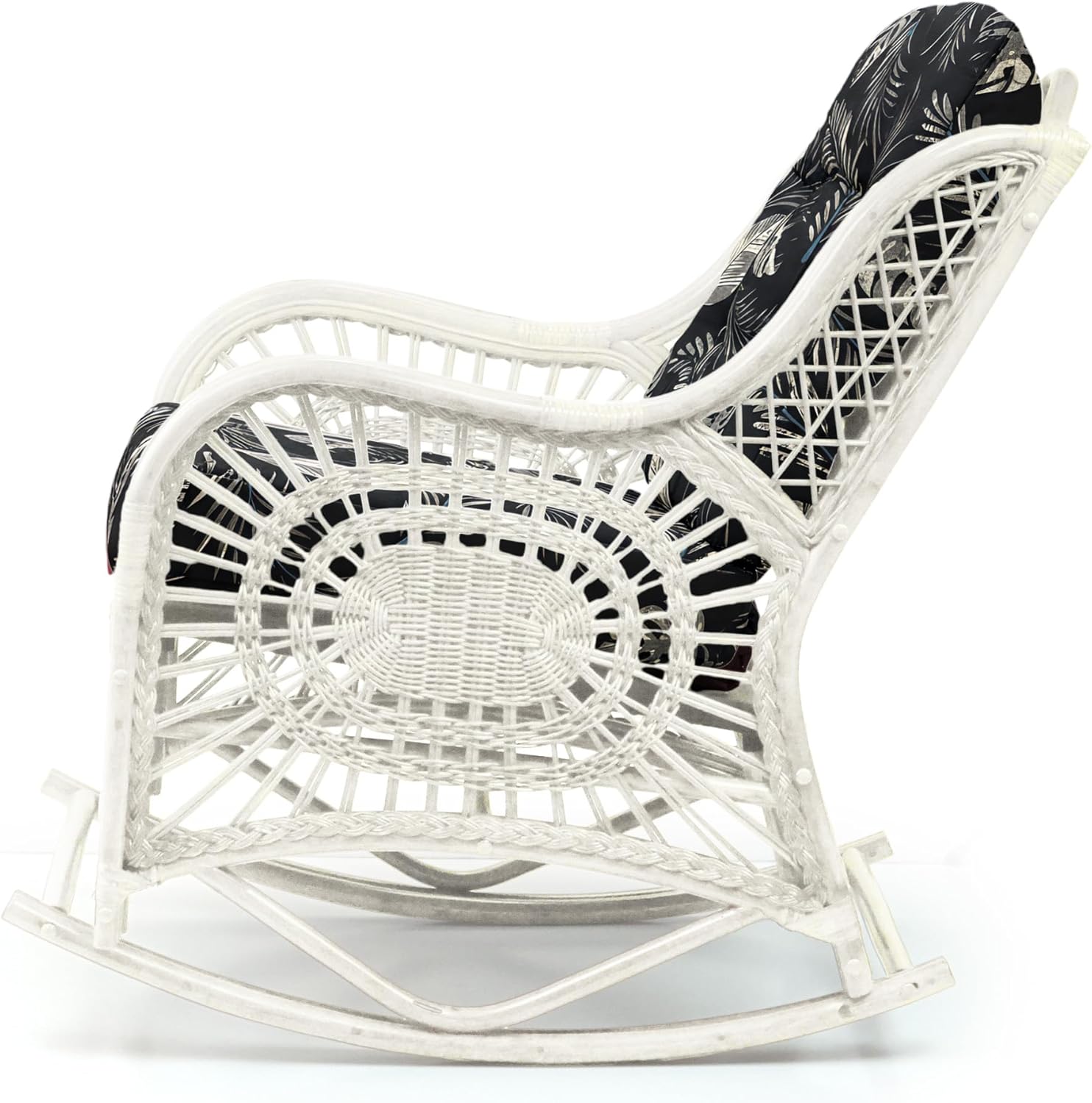 Malibu Rocking Handmade Lounge Chair ECO Natural Wicker Rattan White Color with Black Leaf Cushion