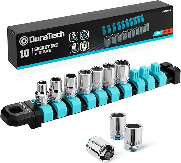 DURATECH 3/8" Drive Socket Set, Metric Socket Set 10PCS, Mechanic Metric Socket Sets with Storage Rack, 6-Point Shallow Socket Set, 8mm, 10mm, 11mm, 12mm, 13mm, 14mm, 15mm, 16mm, 17mm, 19mm 
