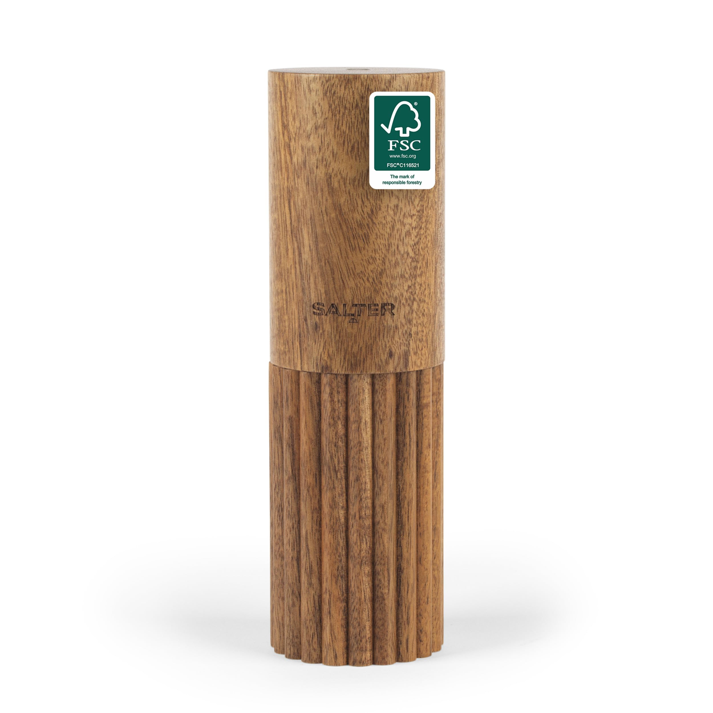 Salter Eden 18cm Salt Mill – FSC®-Certified Acacia Wood, Stylish Ribbed Design, Durable Ceramic Grinding Mechanism, Adjustable Fine to Coarse Grind, Coordinates with Pepper Mill, 5 Year Guarantee