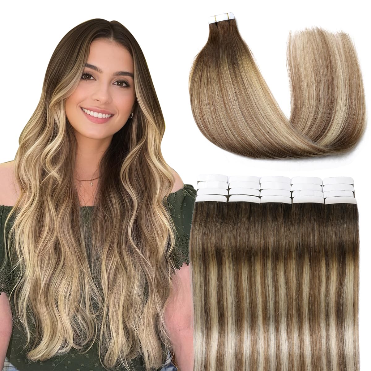 VINBAO Tape In Hair Extensions Human Hair Blonde Hair Extensions Tape In Dark Roots Color 3-8-22 Brown and Blonde Highlights Remy Hair Tape In Extensions 20 Pieces 50 Grams (T22Inch