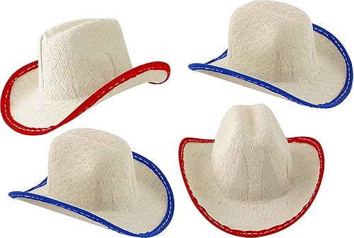 More Fiesta Mini sombreros de vaquero de rodeo, tamaño de 5 pulgadas, paquete de 12 (borde rojo y azul)