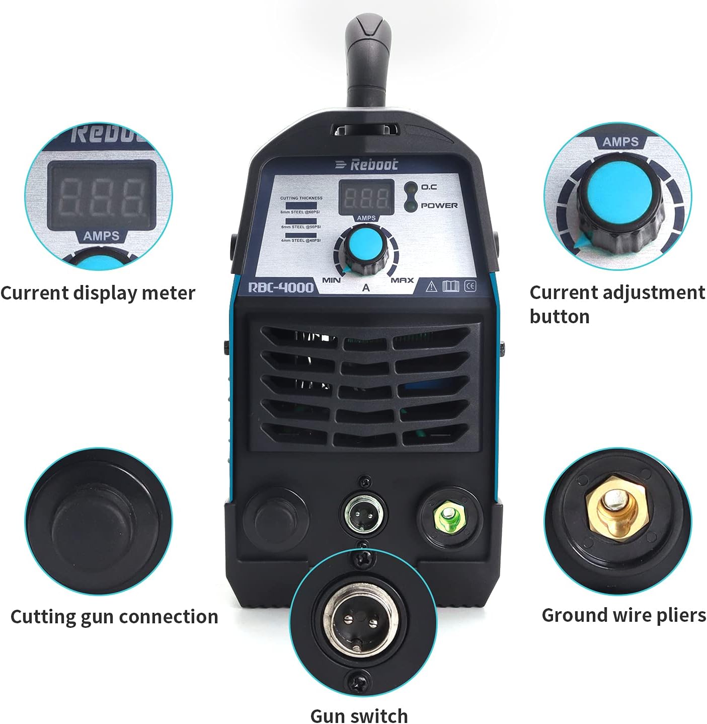 Front panel of Reboot RBC-4000 showing current display, adjustment knob, cutting gun connection, gun switch, and ground wire pliers connection