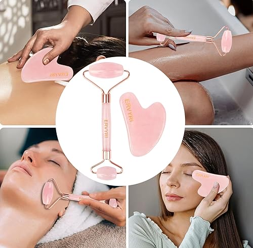 Miniatura 7 de Juego de rodillo de jade y Gua Sha, rodillo facial de cuarzo rosa, herramientas faciales Gua Sha, masajeador facial para mujeres, alivia el estrés,