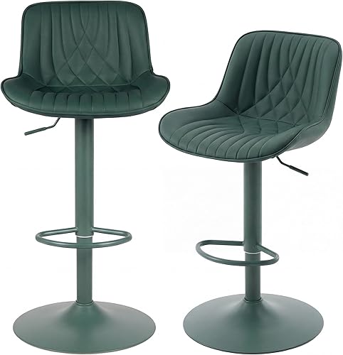 Miniatura 9 de YOUTASTE Juego de 2 taburetes de bar de piel sintética, todos los taburetes de bar tapizados de color verde oscuro con respaldo, silla giratoria