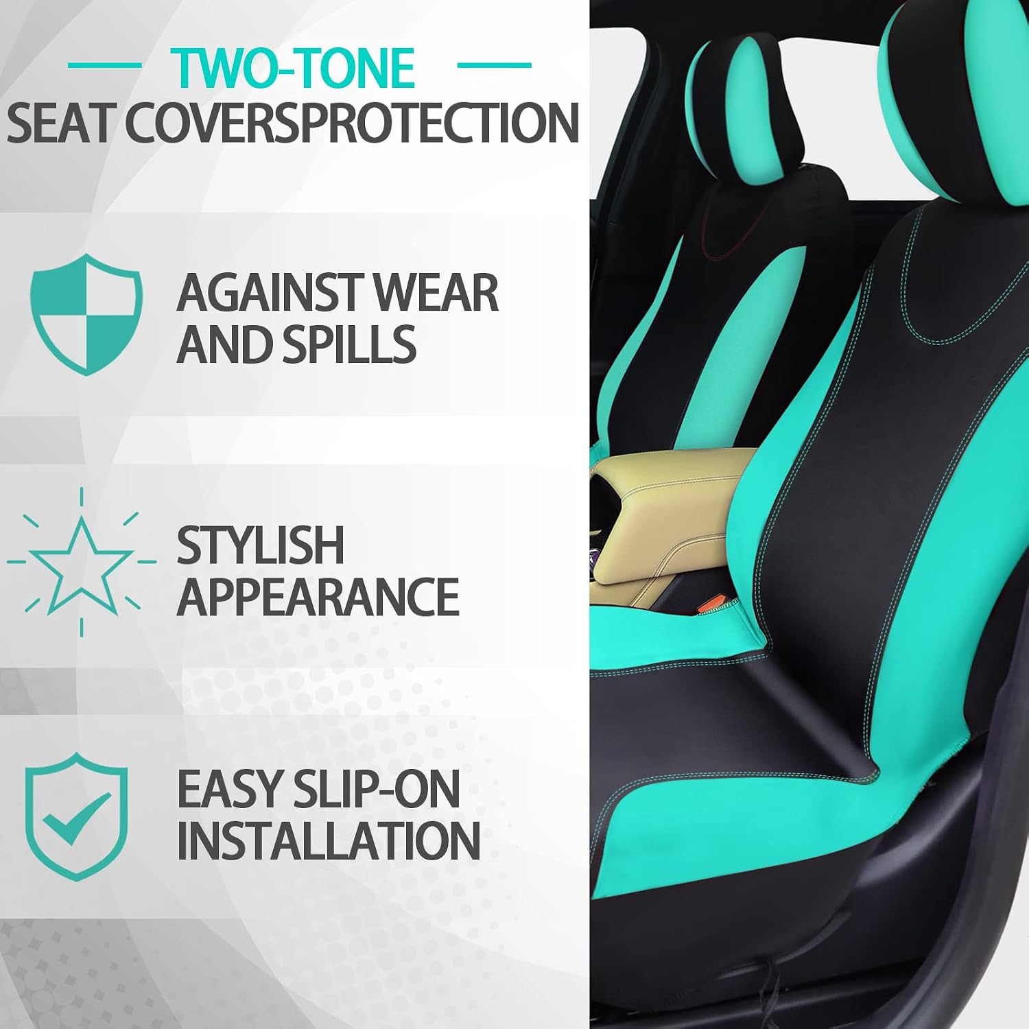 Woanger 47 Car Seat Cover Full Set for Women Included Car Front Rear Seat Fluffy Steering Wheel Cover Belt Automotive Floor Mats Air Conditioner Decoration Strip Universal(Mint Green)