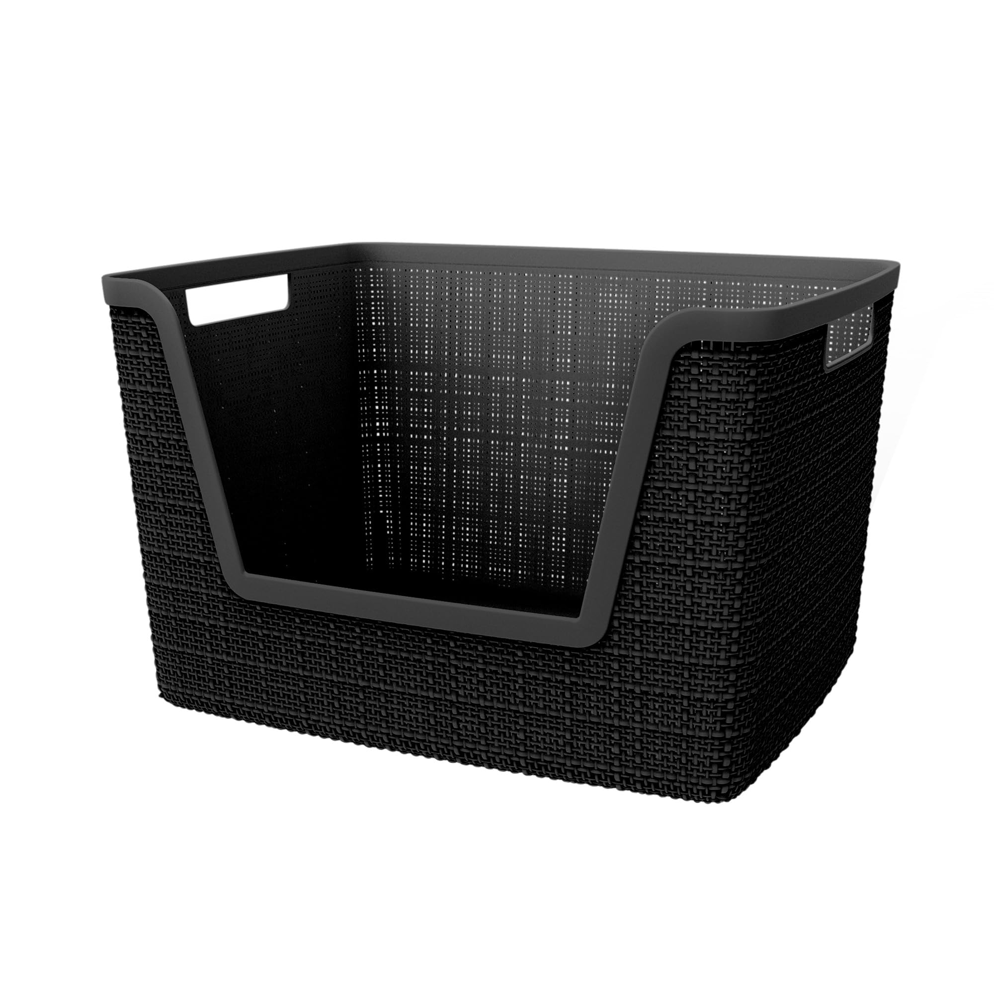 Curver Set of 4 Large 18L Easy Access Jute Decorative Plastic Organization and Storage Baskets - Perfect Bins for Home Office, Closet Shelves, Kitchen Pantry and All Bedroom Essentials, Black
