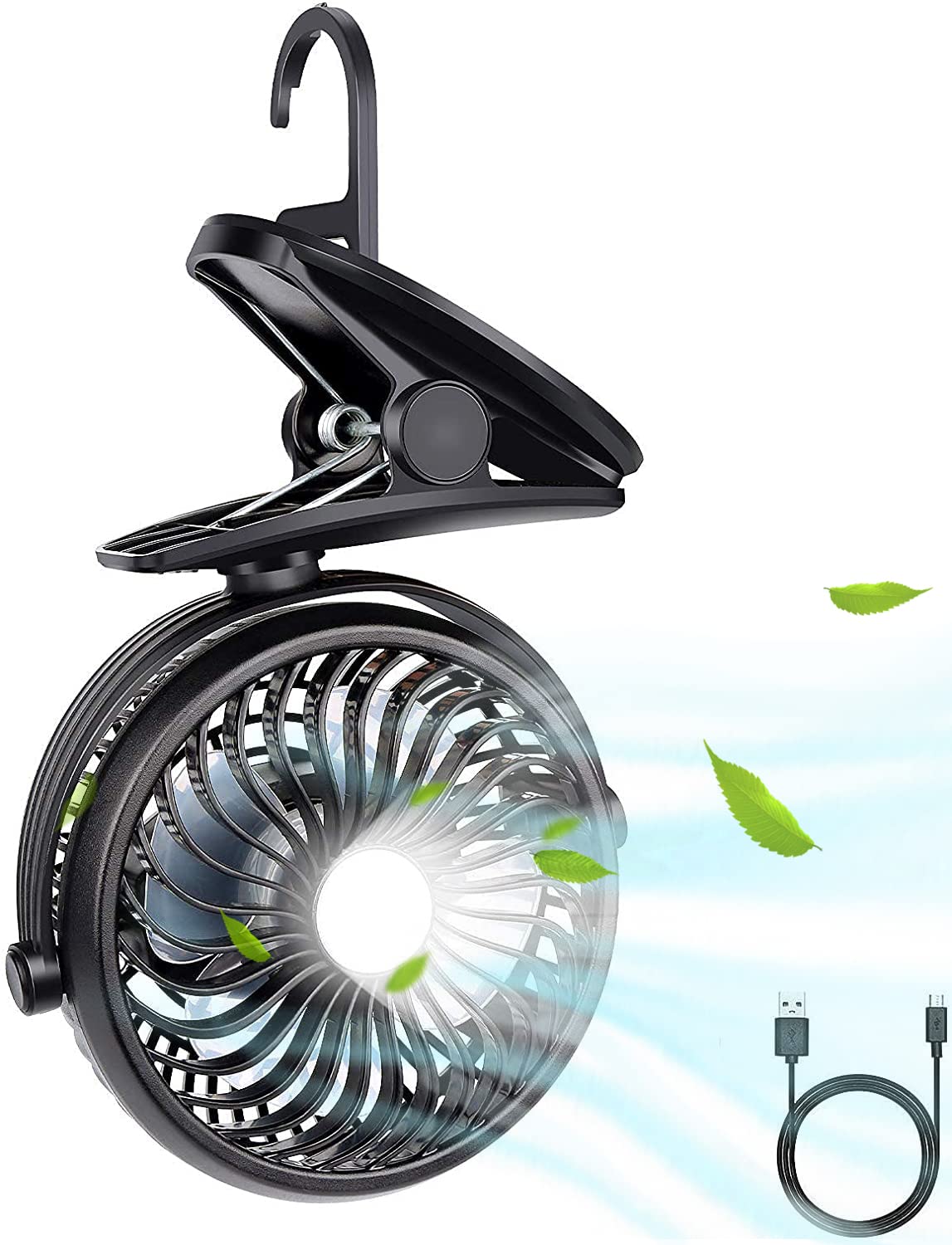 Ventilador recargable de tienda de campaña de 5000 mAh con linterna LED, ventilador USB de 7 pulgadas con batería para campamento, hogar, oficina, RV