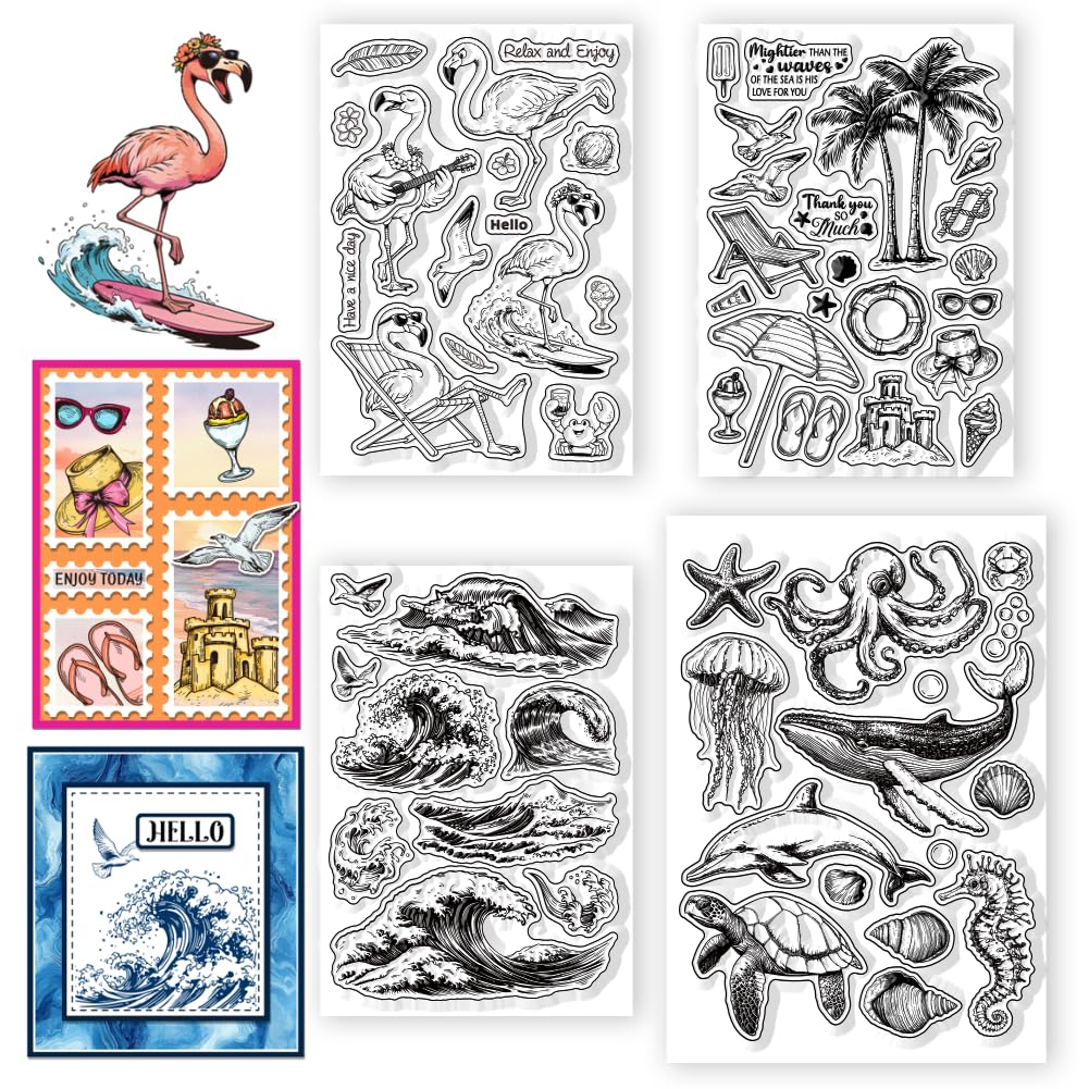 CONCHLERY 4 Pcs Beach Vacation Pattern Clear Stamps Coconut Trees Silicone Stamp Seal for DIY Scrapbooking and Card Making Paper Craft Decor 6.3 × 4.3 Inch