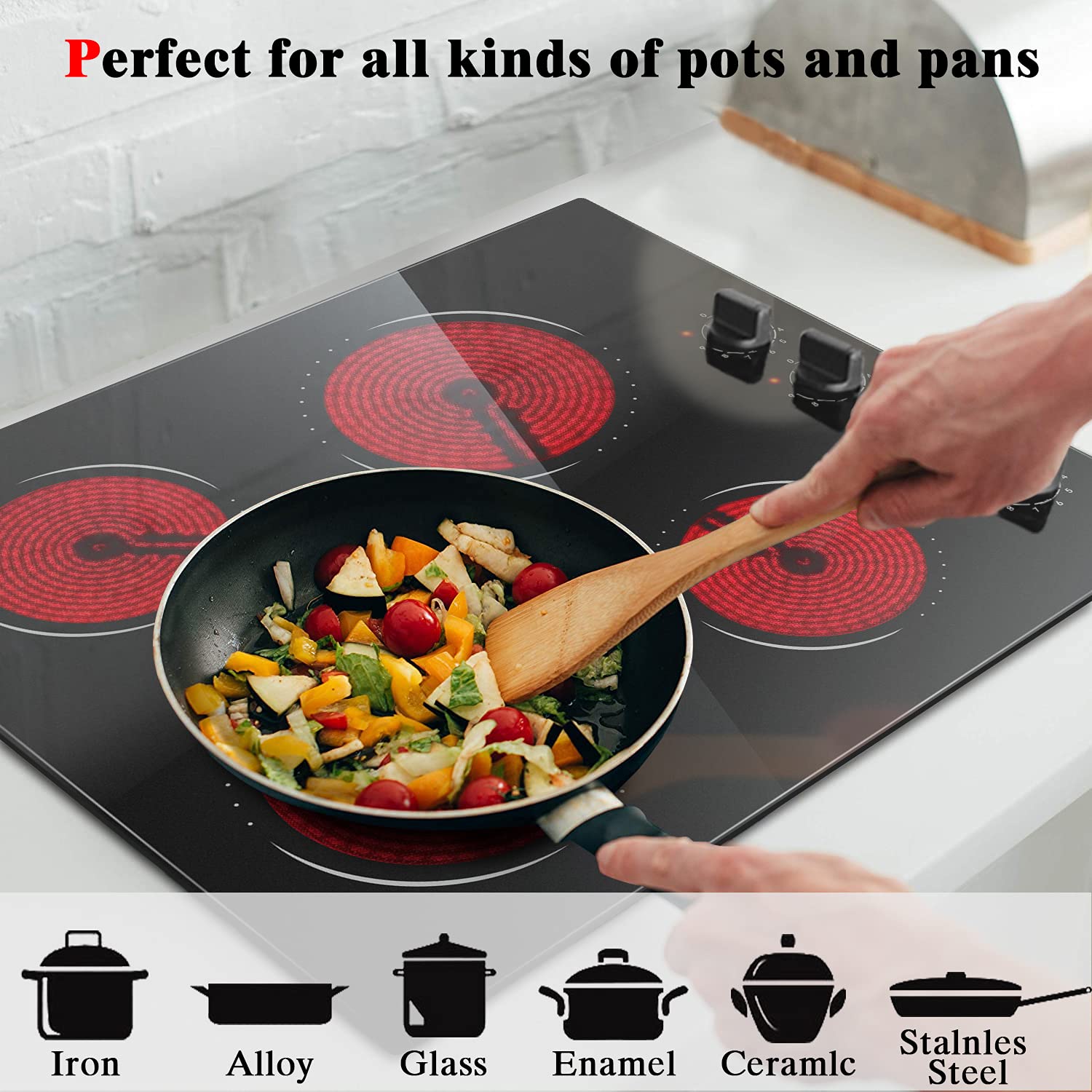 Ceramic Hob 4 Zones Electric Hob with Knobs Built in 6000W Ceramic Hob 60cm with Non-abrasive Black Glass Auto Switch off Safety Hard Wire, No Plug Included — view 2