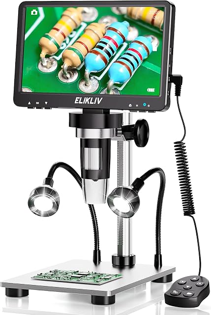 Elikliv EDM9 7'' LCD Digital Microscope 1200X, 1080P Coin Microscope with 12MP Camera Sensor, Wired Remote, 10 LED Lights, Soldering Electronic Microscope for Adult, Compatible with Windows/Mac OS