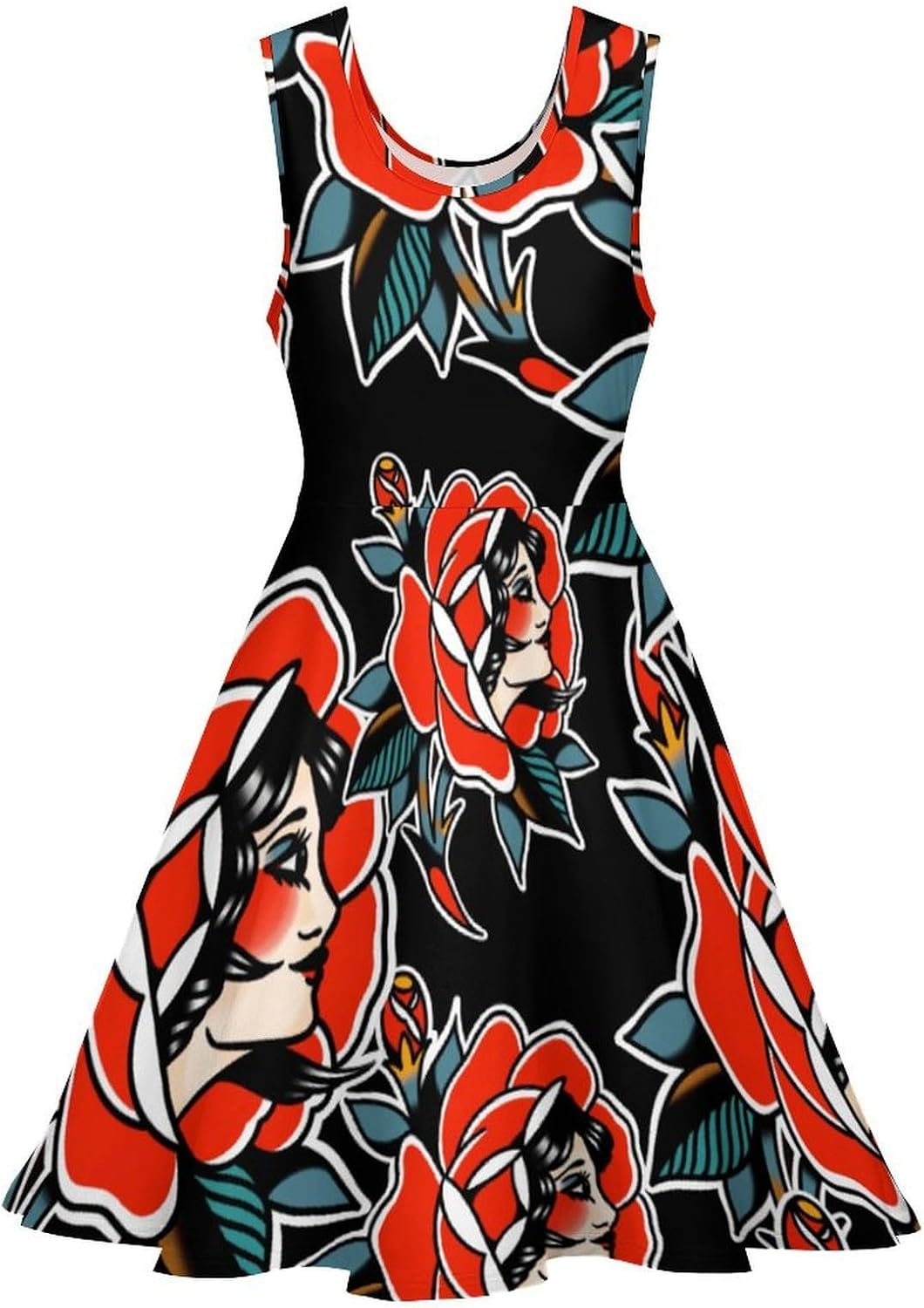 Classic Traditional Tattoo Summer Dresses for Women Sleeveless Beach Sundress Swing Mini Tank Dress 5X-Large