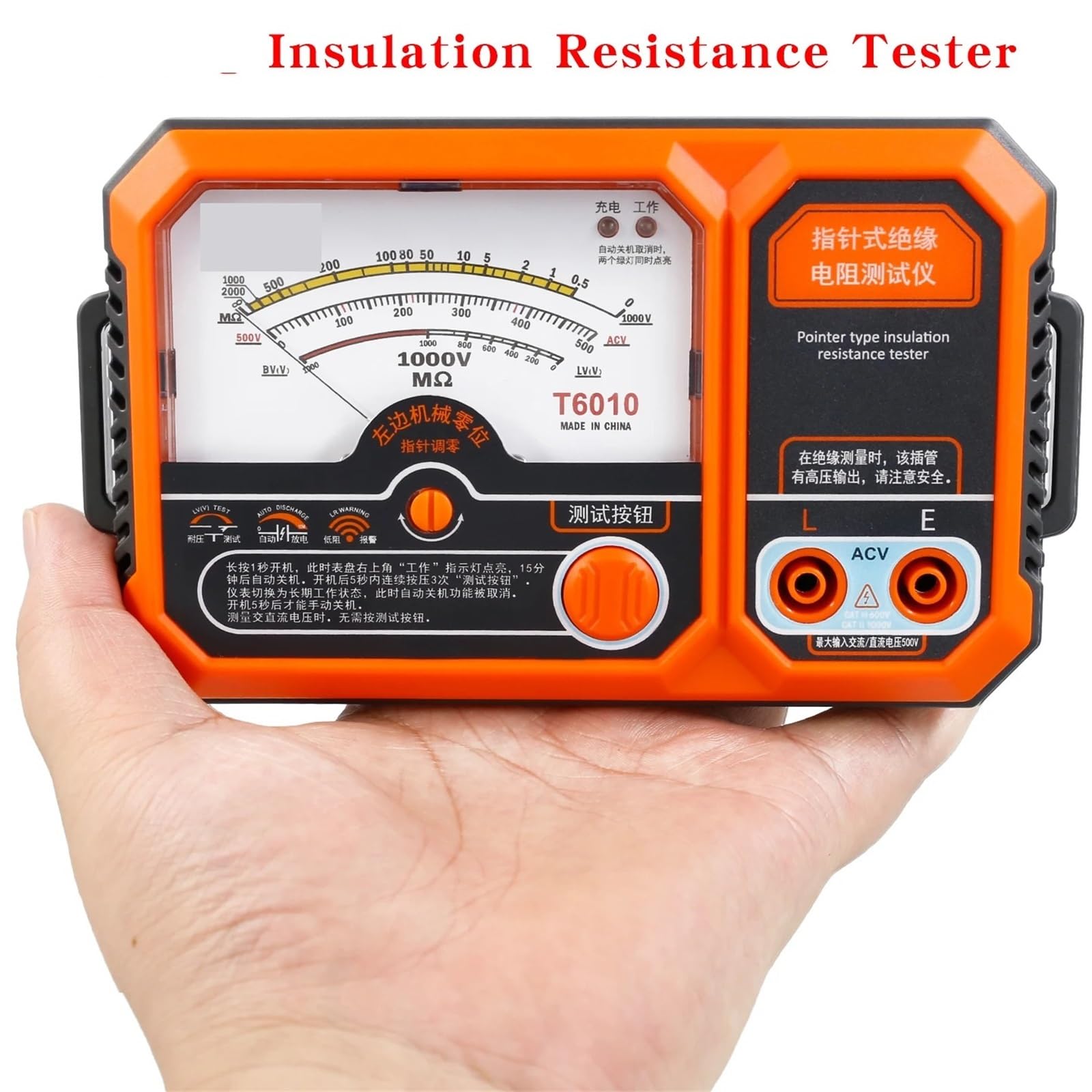 Analizzatore di reti elettriche, T6005 Tester di resistenza isolamento analogico ricaricabile USB 500V T6010 Megaohmmetro