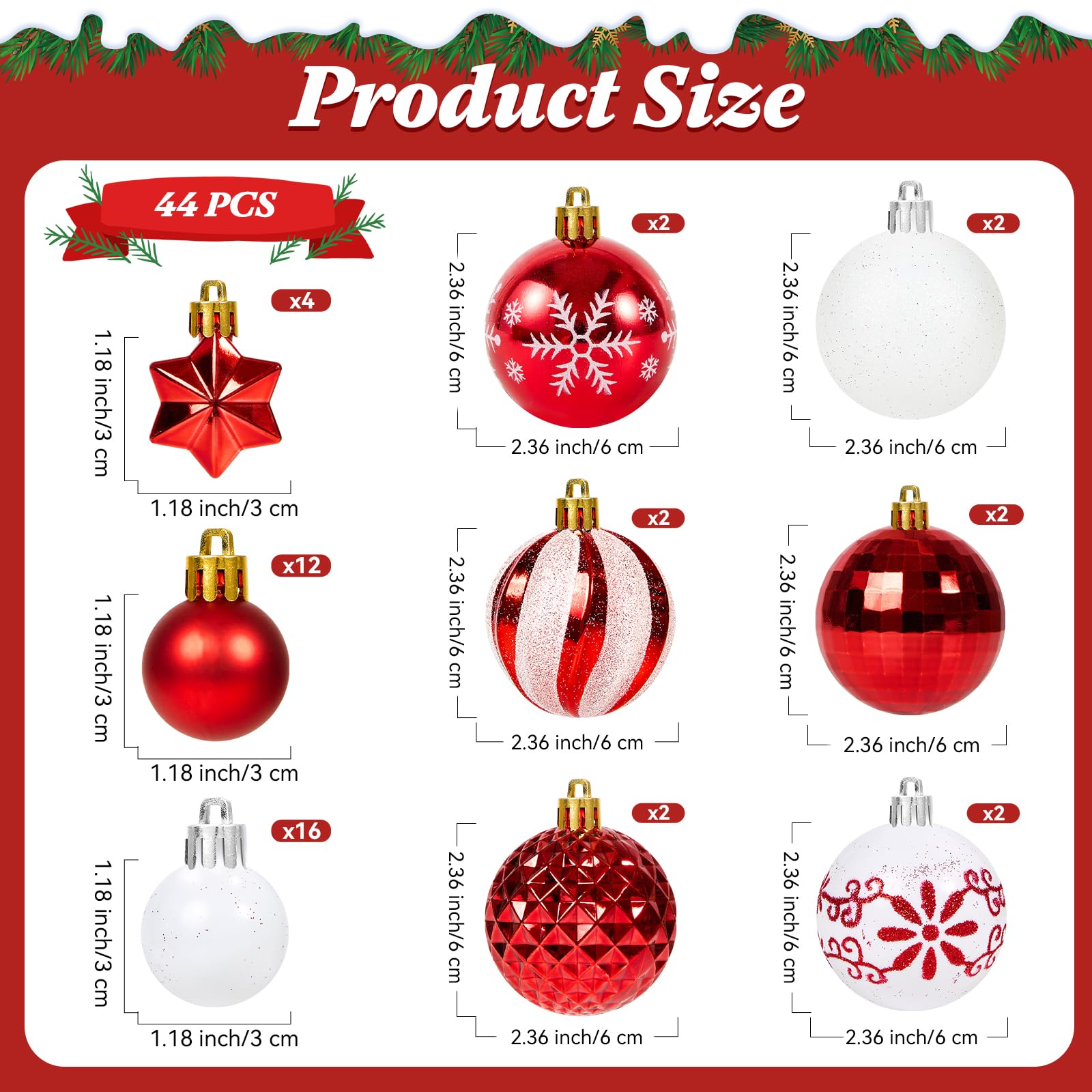 Fuyuleyo 44Pcs Christmas Baubles, Red and White Christmas Tree Decorations Set - Image 2