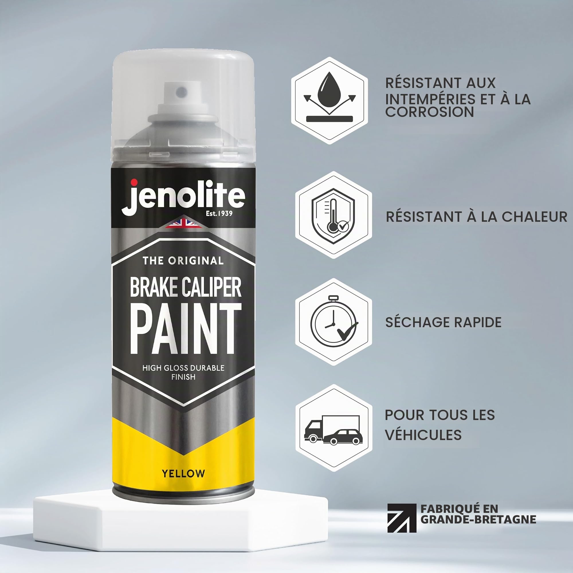 JENOLITE Peinture en Spray pour Étriers de Frein | JAUNE | 3x400ml | Peinture de Restauration pour Freins et Étriers | Finition Durable, Résistante à la Chaleur et à l'Essence