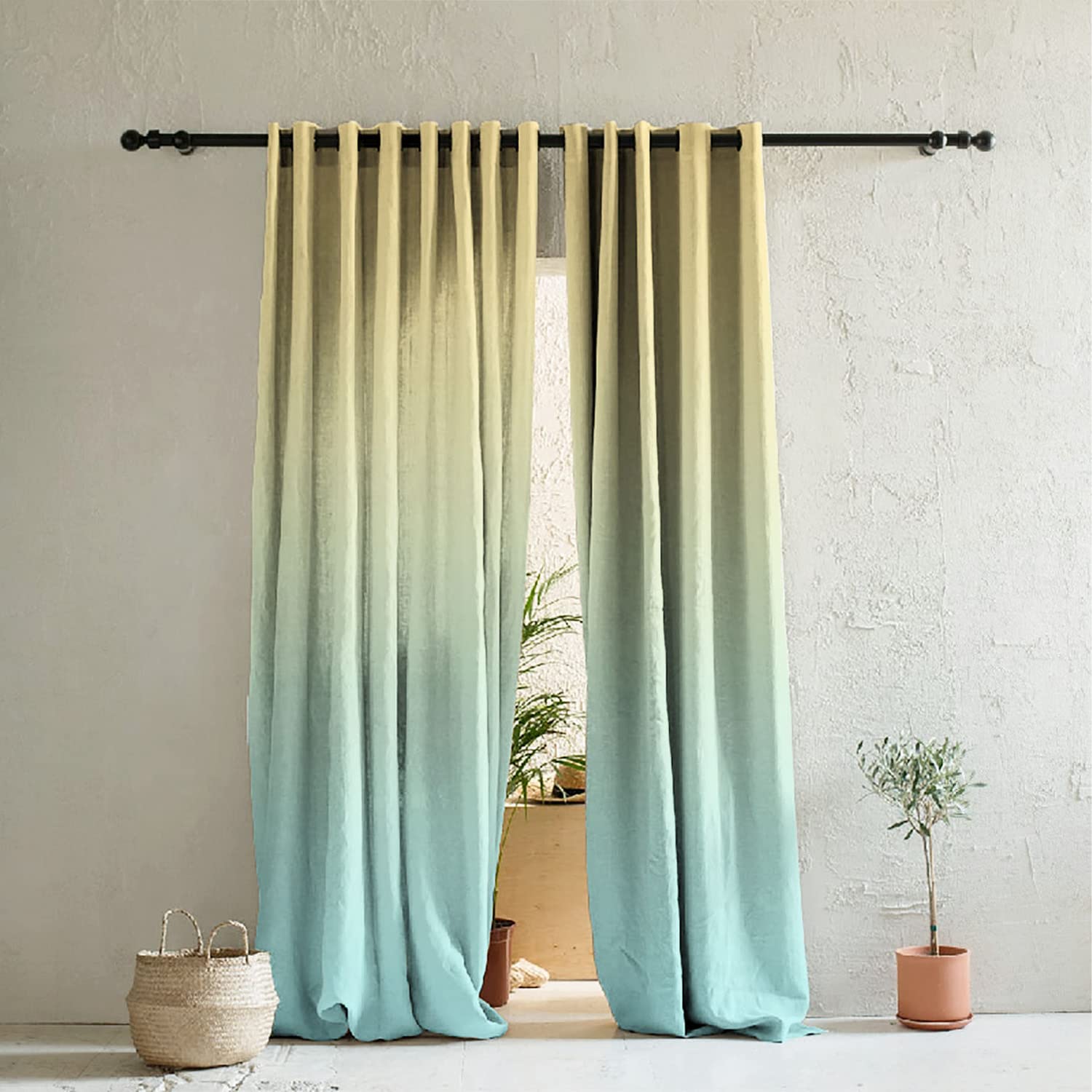 SPACES DRAPE STORY Polyester Room Darkening Semi Sheer Curtain, Ombre Digital Print, Set Of 2-7Ft Grommet Door Curtains (Ochre/Lt.Aqua) - Dsofc13