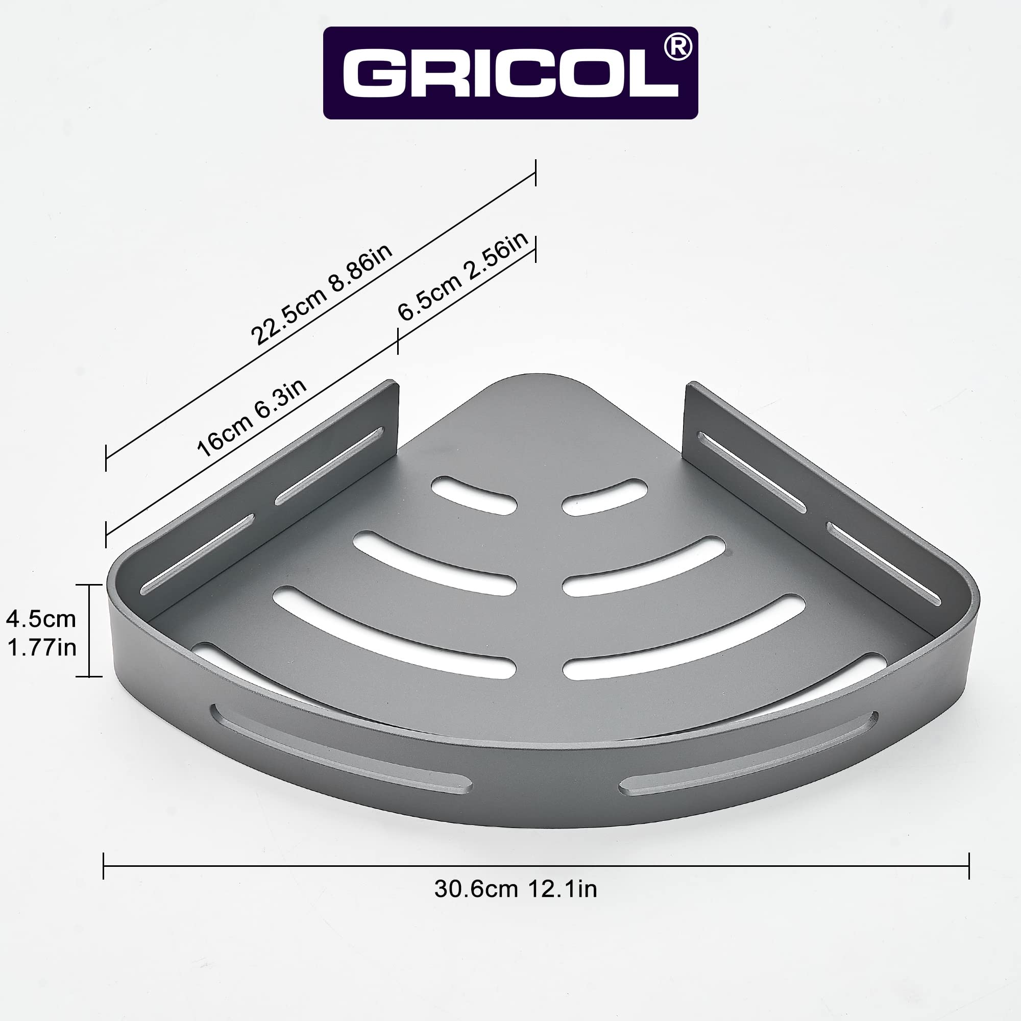 GRICOL Mensola da Doccia Angolare Senza Foratura Mensola Bagno in Metallo con 2 Ganci per Doccia Anti-Ruggine Porta Oggetti da Bagno a Parete 2 Pezzi (Grigio)