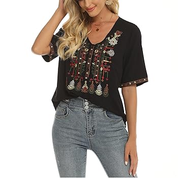 Grosy Women's Short Sleeve Summer Tops, Floral Embroidered