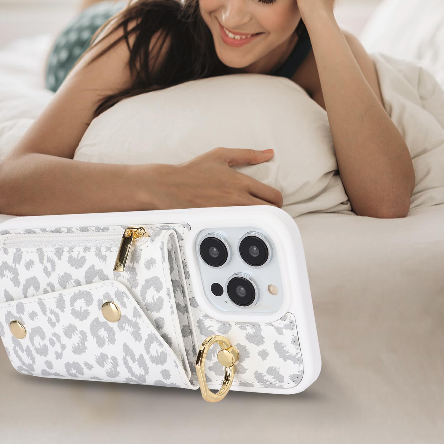 Lipvina Funda para iPhone 13 Pro con Cordón Porta Tarjeta Funda iPhone 13 Pro con Cremallera Cartera Mujer TeléfonoPortátil Ajustable Collar Funda Funda con Anillo para Mujer - Leopardo blancoo