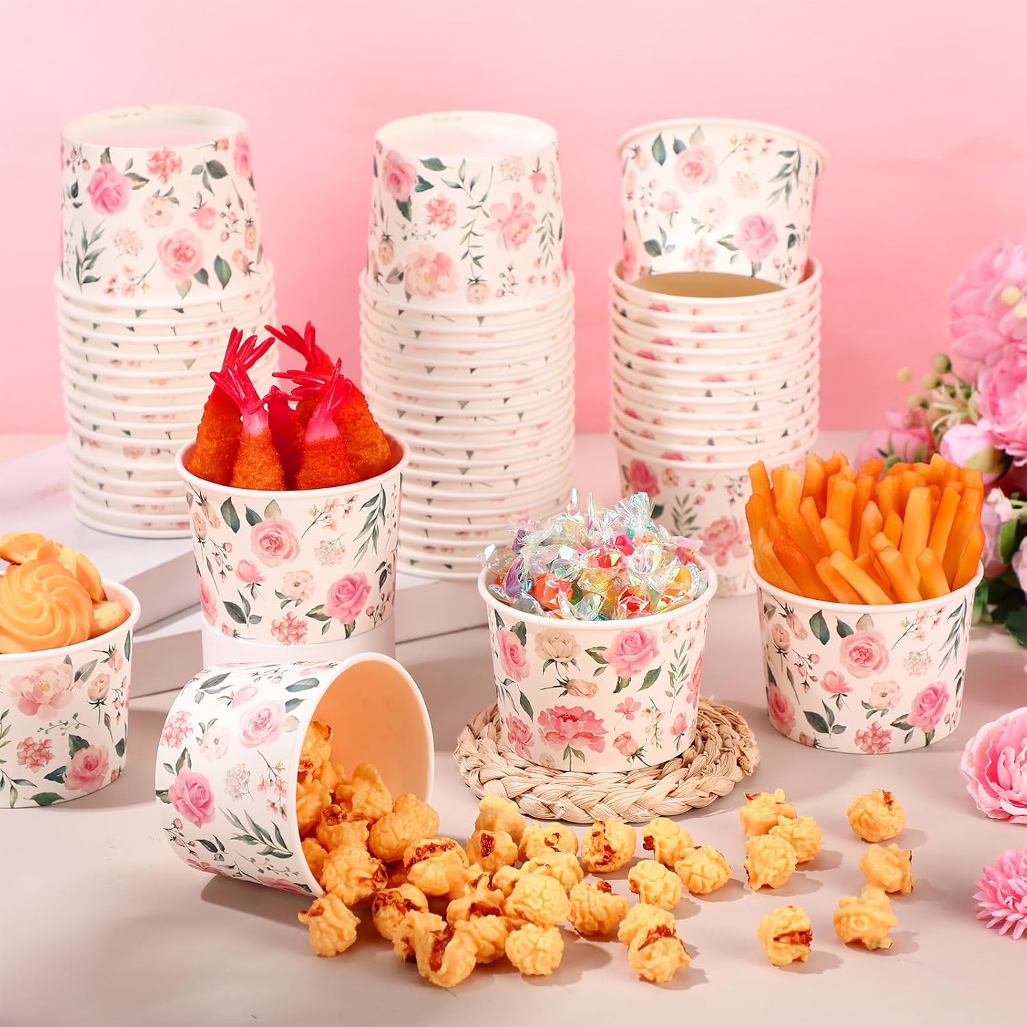 Funnymoom 50 Pack Pink Floral Treat Snack Cups Floral Paper Ice Cream Cups 9 oz Rose Flower Disposable Dessert Bowls Paper Soup Bowls for Hot or Cold Food Wedding Baby Shower Birthday Party Supplies