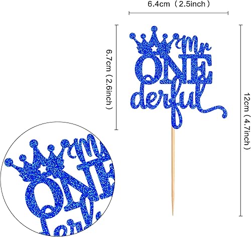 Miniatura 2 de Ercadio Paquete de 24 coronas de Mr Onederful para cupcakes, corona azul con purpurina, una corona de príncipe para primer cumpleaños, decoración de