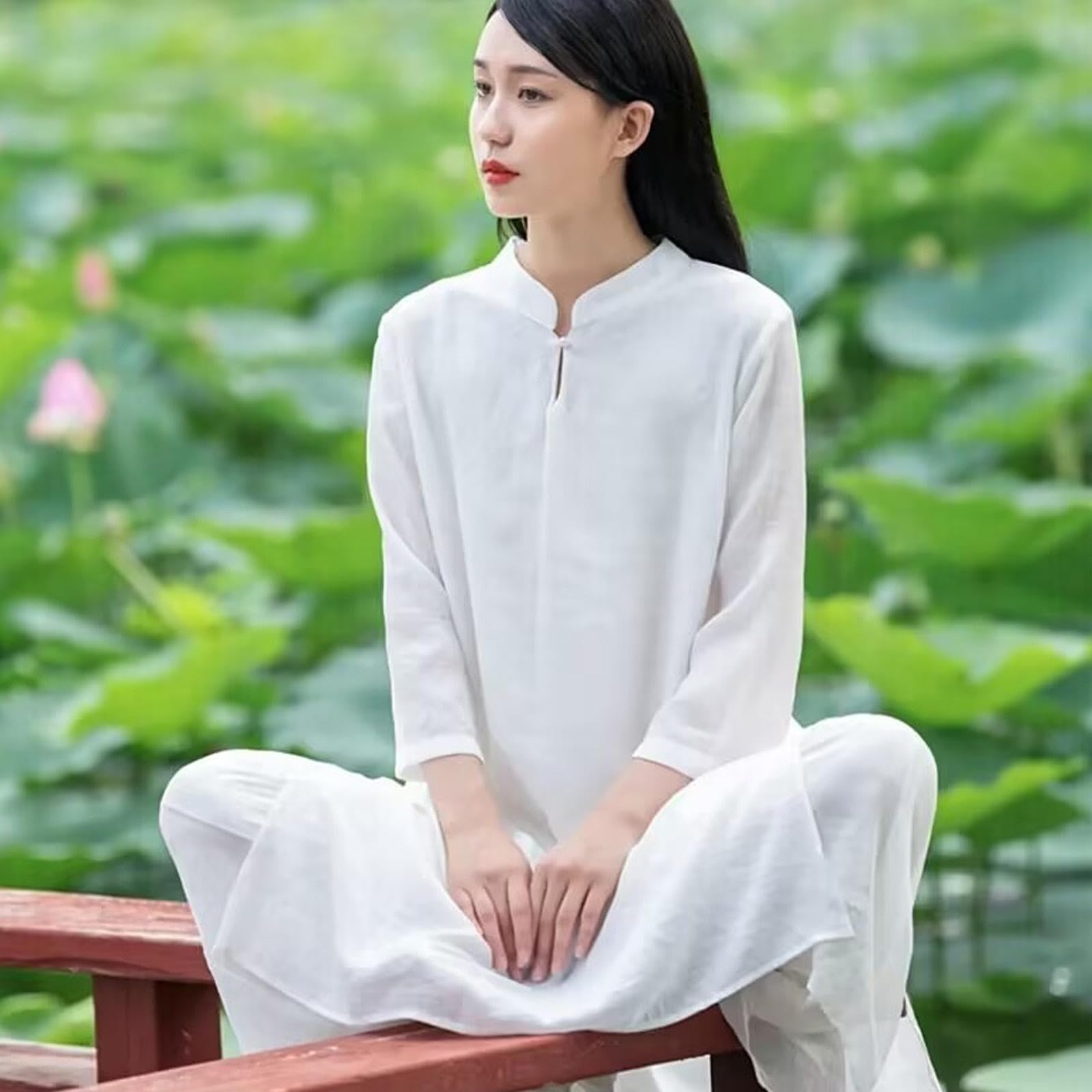 Chińskie ubrania Tang Suit Tai Chi Odzież damska Zen Medytacja Jednolita Bawełna Len Kung Fu Sztuki walki Jednolity dla Pań Ćwiczenia poranne, Biały-L