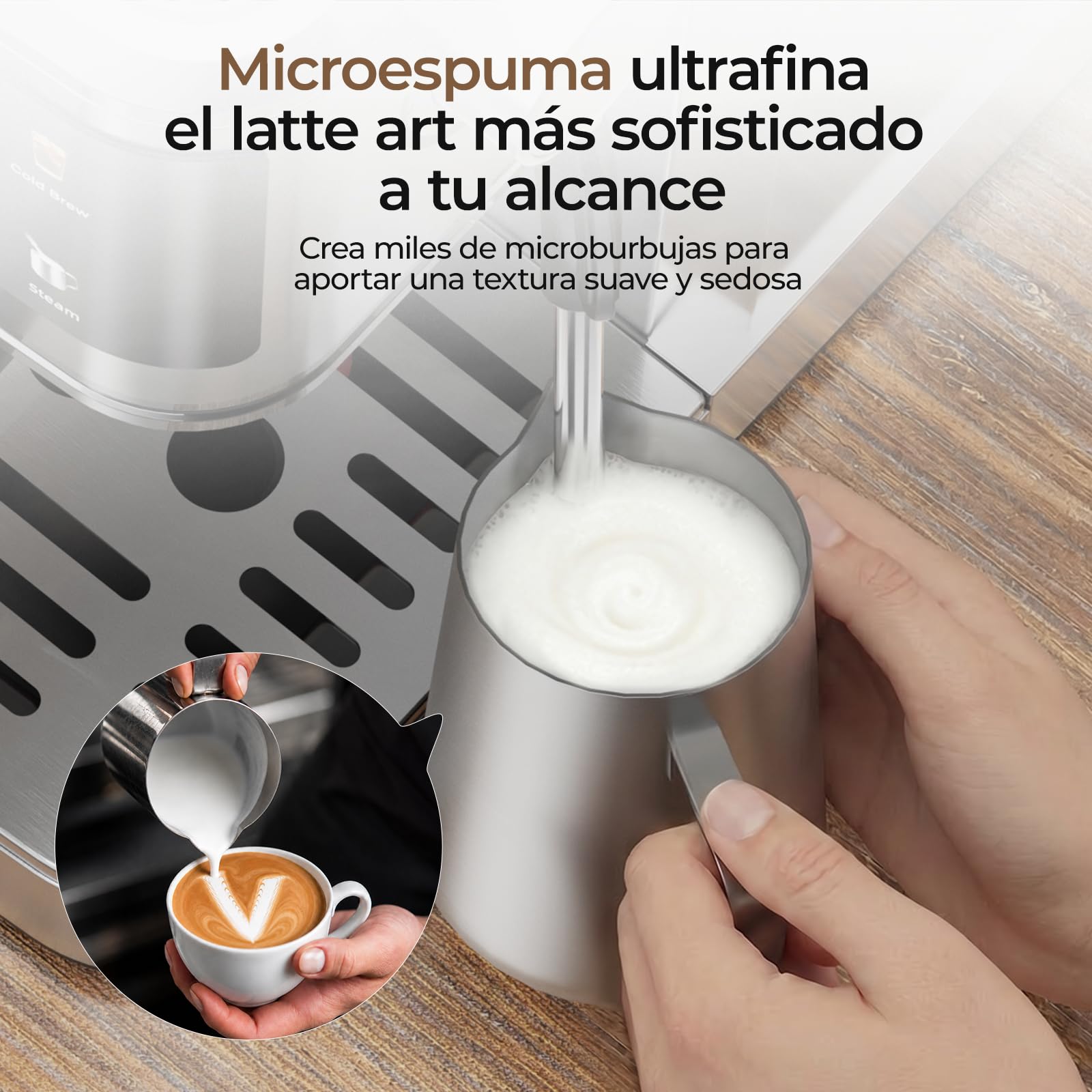 VIOMI T1B Pro 20 Bar Cafetera Espresso con Espumador de Leche, 2 en 1 | Café Molido y Cápsulas, Cold Brew, Pantalla Táctil, Para Cappuccino y Latte, Autolimpieza, Depósito 1,1 L, Acero Inoxidable