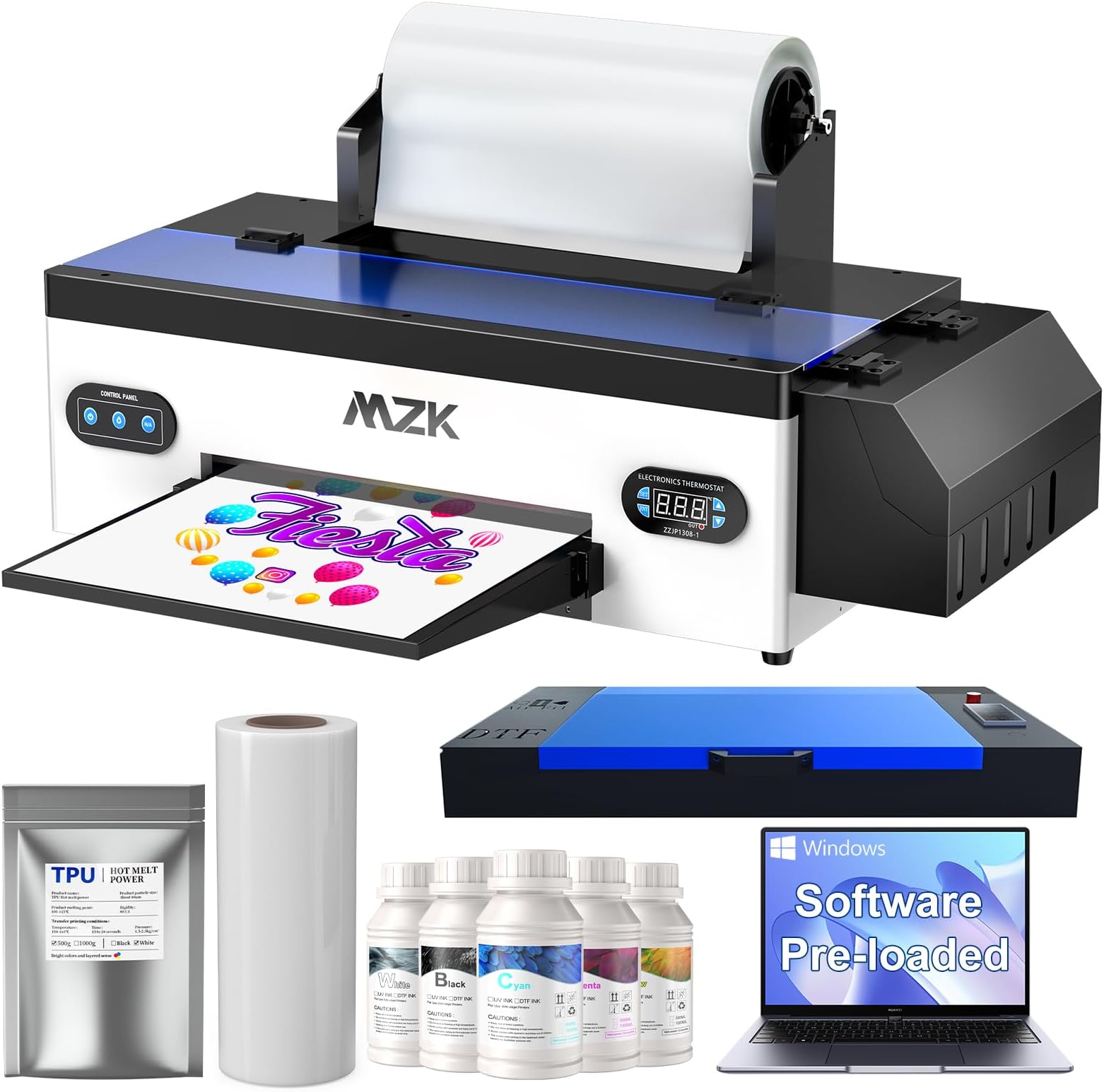 MZKA3 DTF Printer,High-Speed Print,13”Max Print Width,Safety Print Software,White Ink Circulation + Cleaning System,2880DPI,Gift Ink 2 Year (A3 Printer+Oven+Laptop-White)