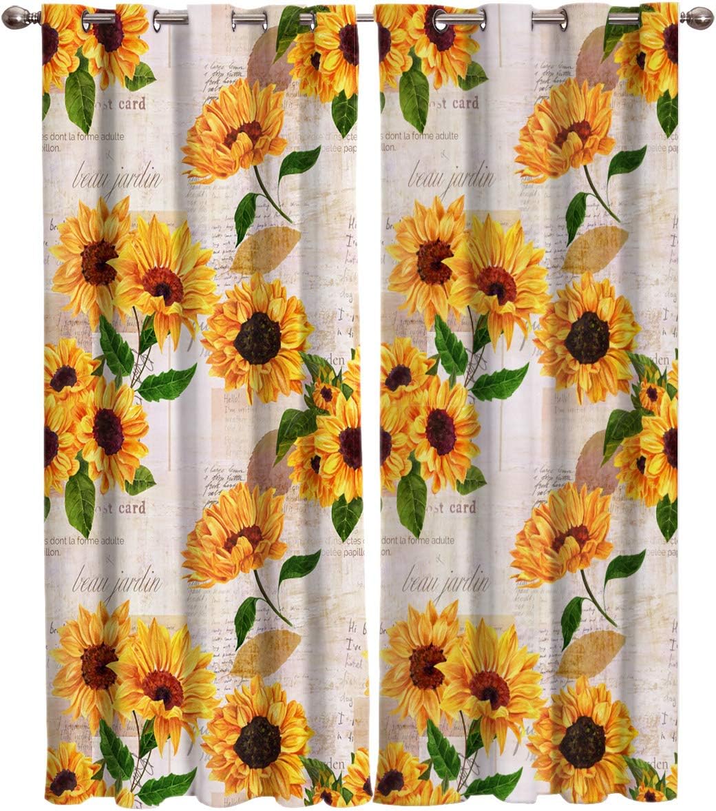 2 Panel Kitchen Cafe Curtains, Sunflower Newspaper Clipping | Sunlight Filtering Nature Air Through, Home Decor Window Covering Tier Curtains for Bedroom Living Room 80W x 63L inch