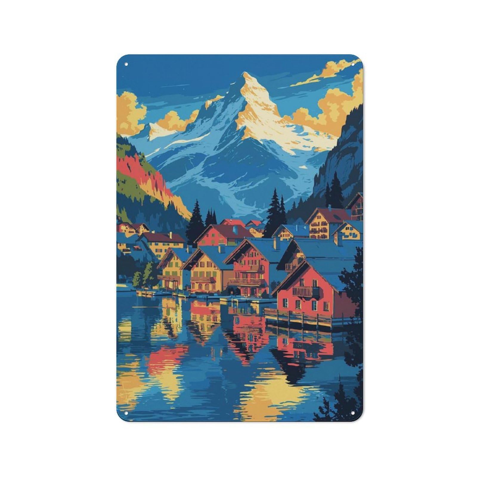 Junmoney Style-9 Workshop Style Mountain Village Lake Reflection Art Decorative Metal Plaque 30X20cm, Shed Wall Plaque For Tool Room, Garage, Studio Or Home Bar