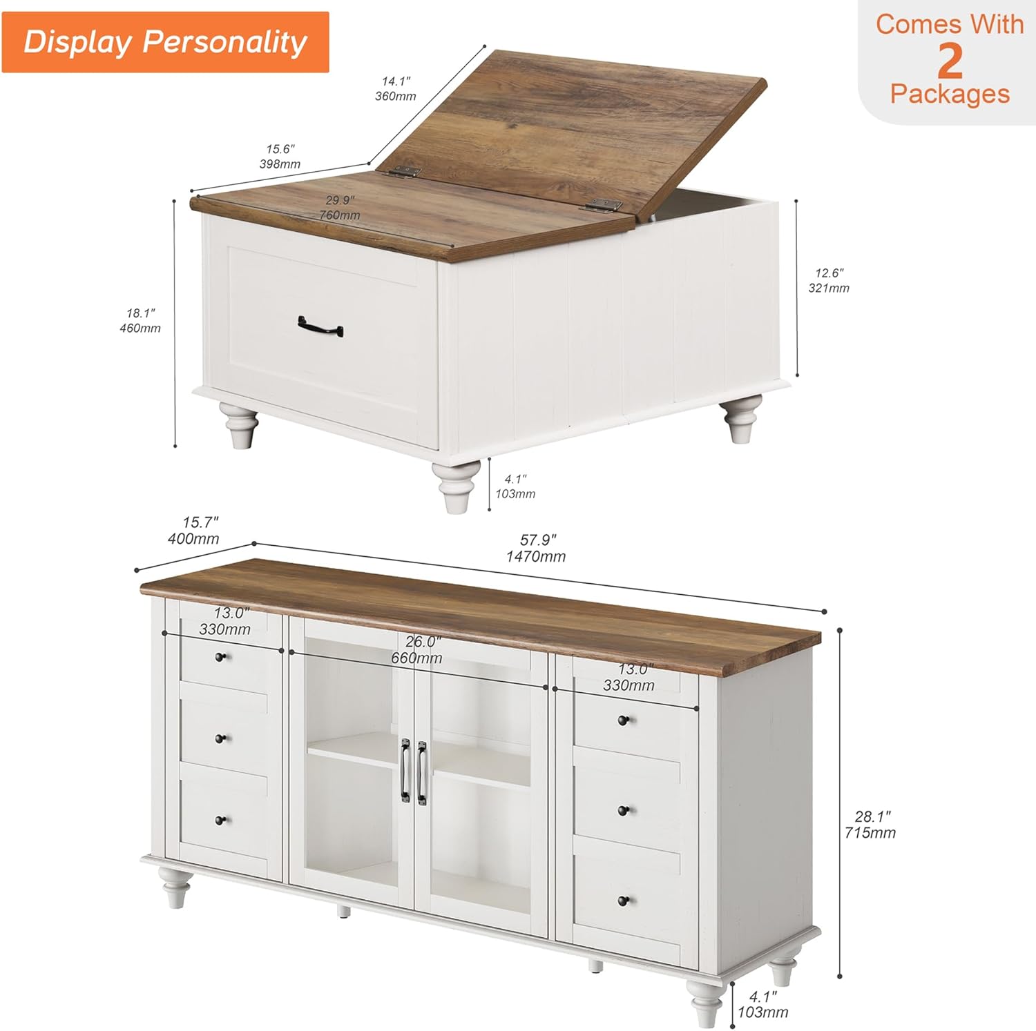 WAMPAT Farmhouse TV Stand and Coffee Table Set of 2, Square Coffee Table with Lift Top & Drawer, White Entertainment Center for 70 Inch TV, 2 Piece Living Room Table Set, White