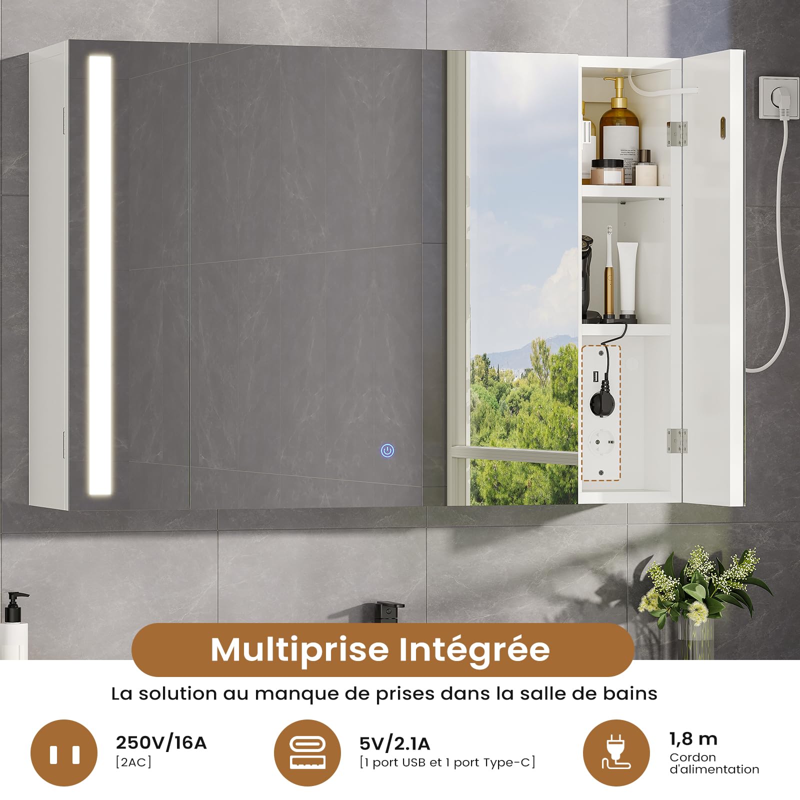 Armoire de Salle de Bain avec Éclairage LED, Prise, 3 Températures
