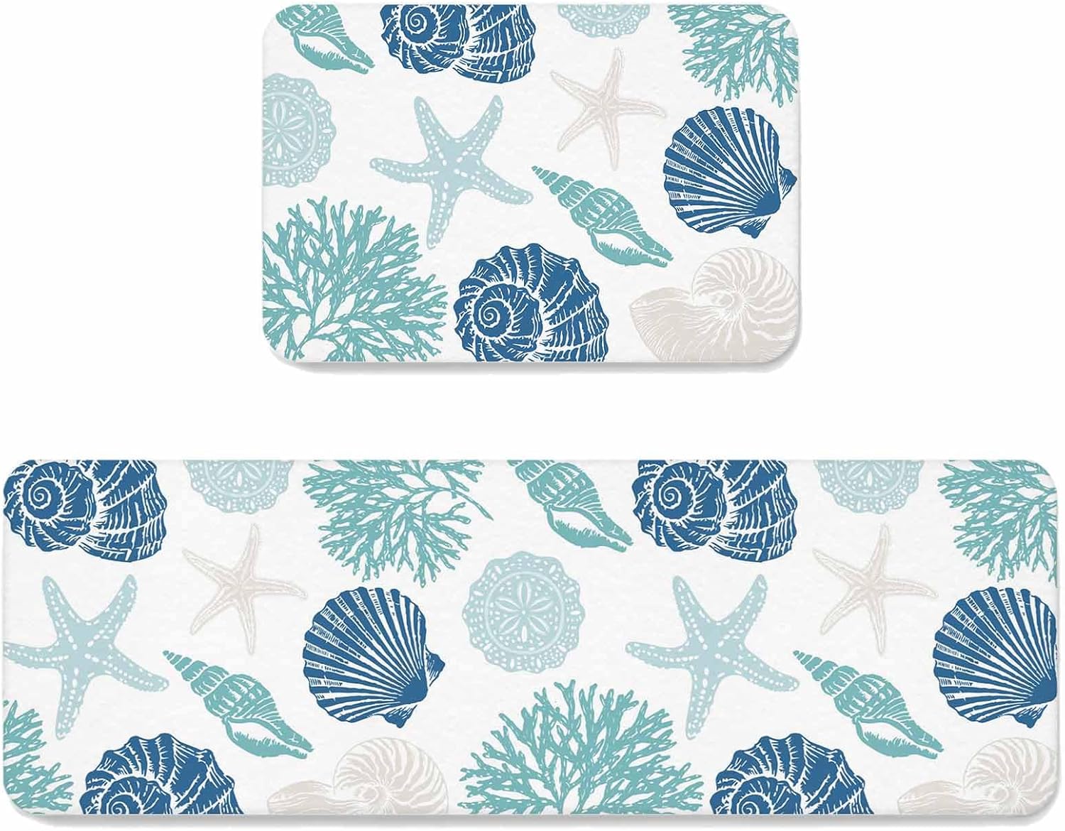 Summer Marine Life Kitchen Mats Set of 2 Graffiti Blue Corals Shell Conch Sea Starfish Non Slip Mat Washable Floor Rug for Kitchen Sink Floor Laundry, 20"x24"+20"x48"