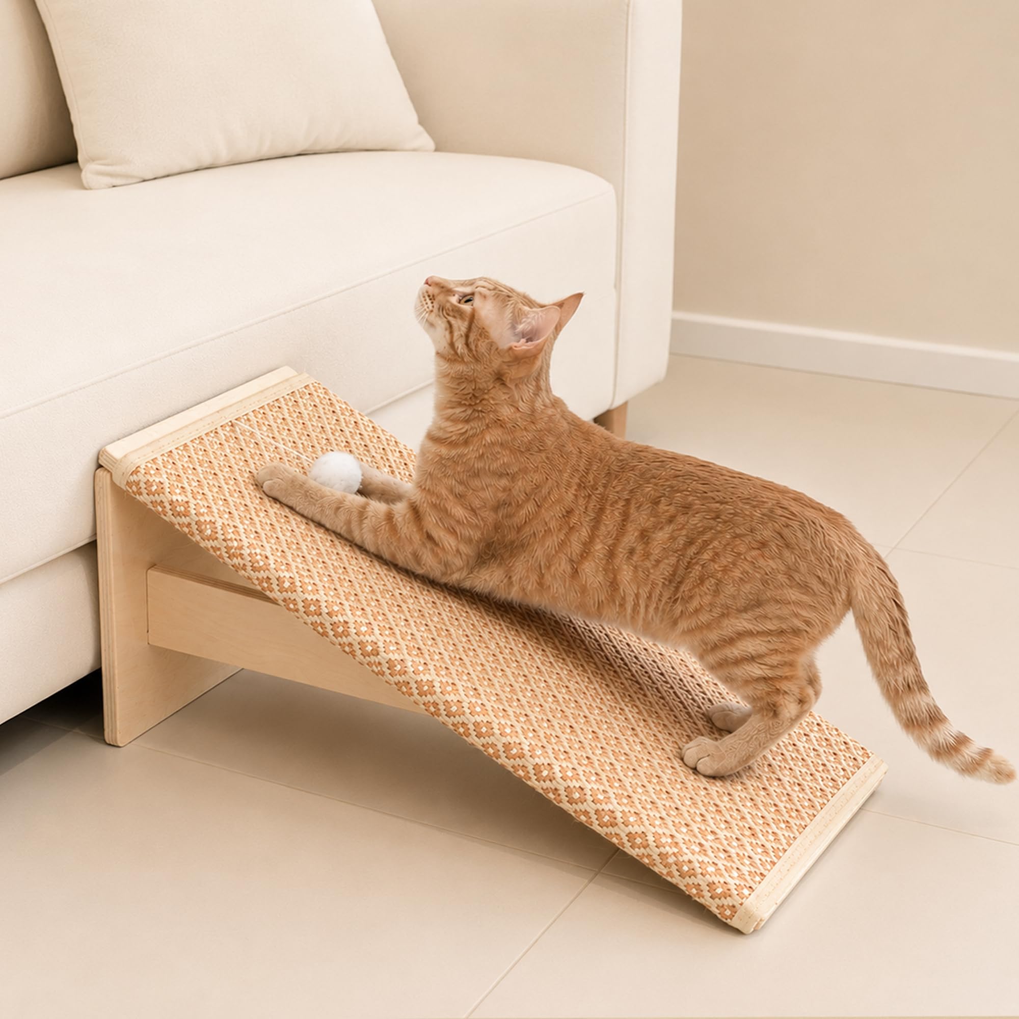 PETKARAY Cat Scratcher, 65 cm Natural Sisal Cat Scratching Post with Ramp, Sturdy L-Shaped Cat Scratch Furniture Protector, Cat Scratching Board for Indoor Cats