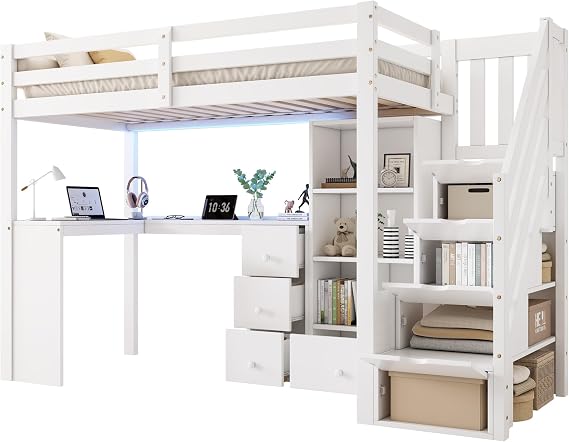 3ft Single Loft Bed with L-Shaped Desk & Storage Stairs, Wooden Bed Frame with Smart RGB LED Lights, Modern Space-Saving Solution, Integrated Drawers & Individual Storage Locker, White (No Mattress)
