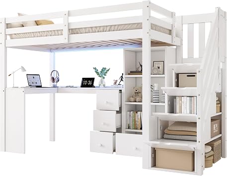 3ft Single Loft Bed with L-Shaped Desk & Storage Stairs, Wooden Bed Frame with Smart RGB LED Lights, Modern Space-Saving Solution, Integrated Drawers & Individual Storage Locker, White (No Mattress)