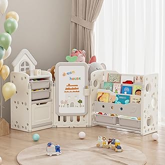 Kids Toy Storage Organizer with 10 Removable Bins, Foldable Toy Organizers and Storage with 3-Tier Bookshelf for Kids Toy Storage Organizer with Drawing Board, Extra 3 Brushes (3 In 1 Off-white)