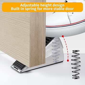 Strongest Adjustable Spring Loaded Large Door Stopper - Heavy Duty Tall Door Stop Wedge for Bottom of Doors, Up to 3 Inches, Stainless Steel (Silver, 2 Pack)