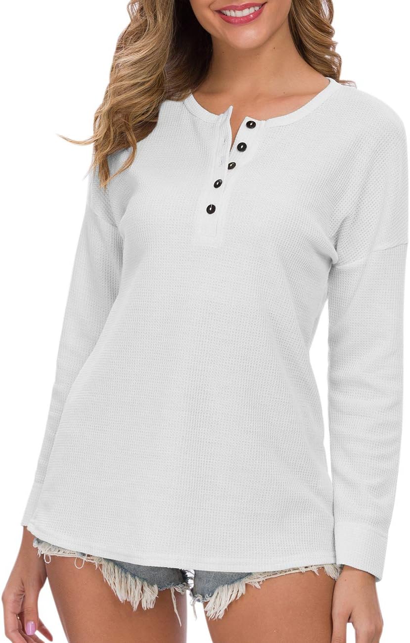 MOLERANI Womens Waffle Knit Tunic Tops Loose Long Sleeve Button Up V Neck Henley Shirts - Image 4