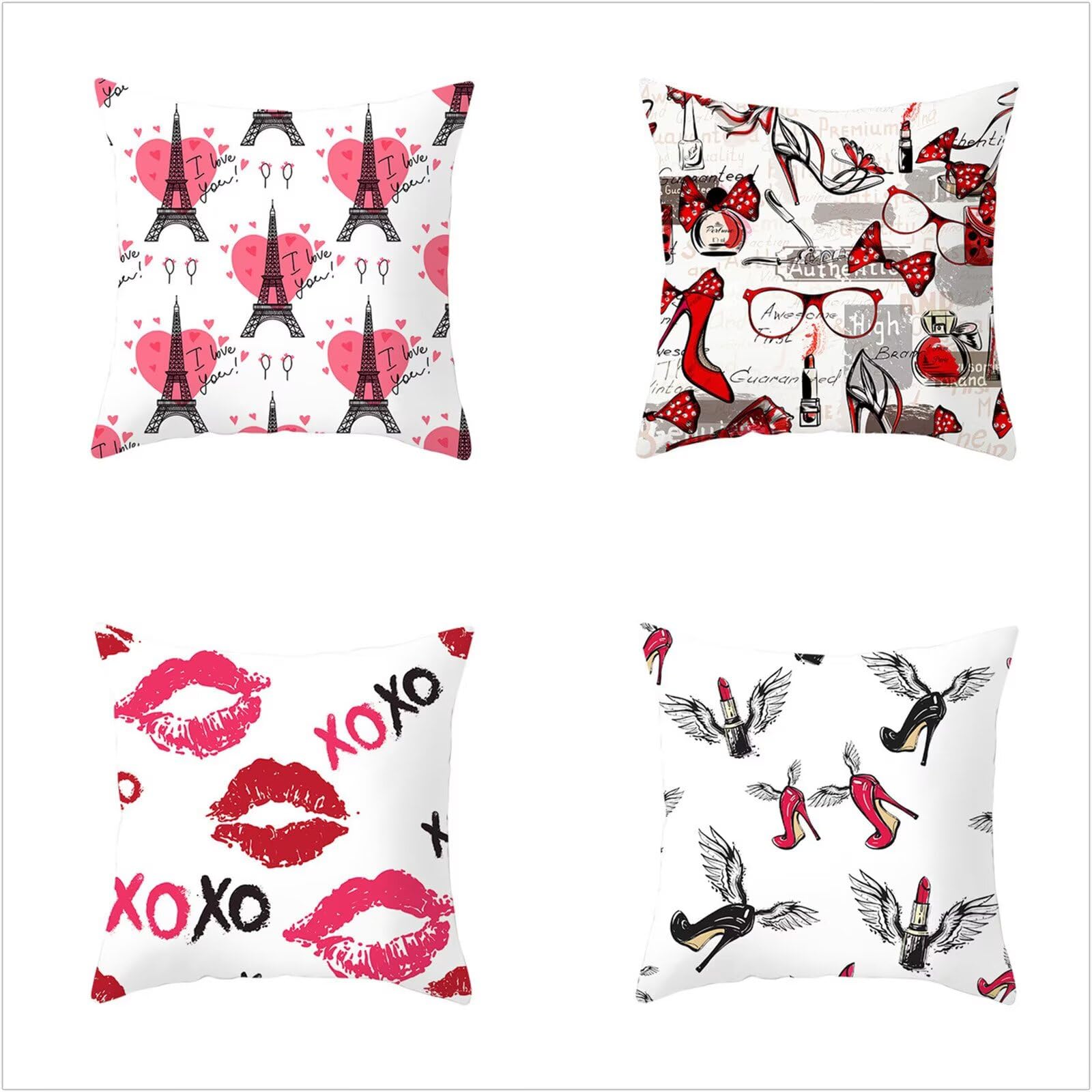 Juego de 4 Impermeable Funda de Cojín Tacones de labios rojos,55x55cm Moderno Suave Transpirables Lino Fundas de Almohada Cojines Decorativos con Cremallera Oculta para Exterior Sofá Cama Coche Hogar