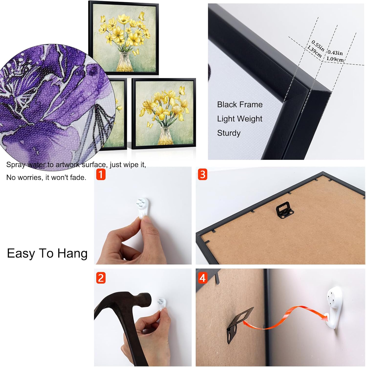 HOMEOART Flower Wall Prints Butterfly Wall Art Bathroom Wall Decor Picture, Set of 3, Black Frame 12x12 inch (Yellow)